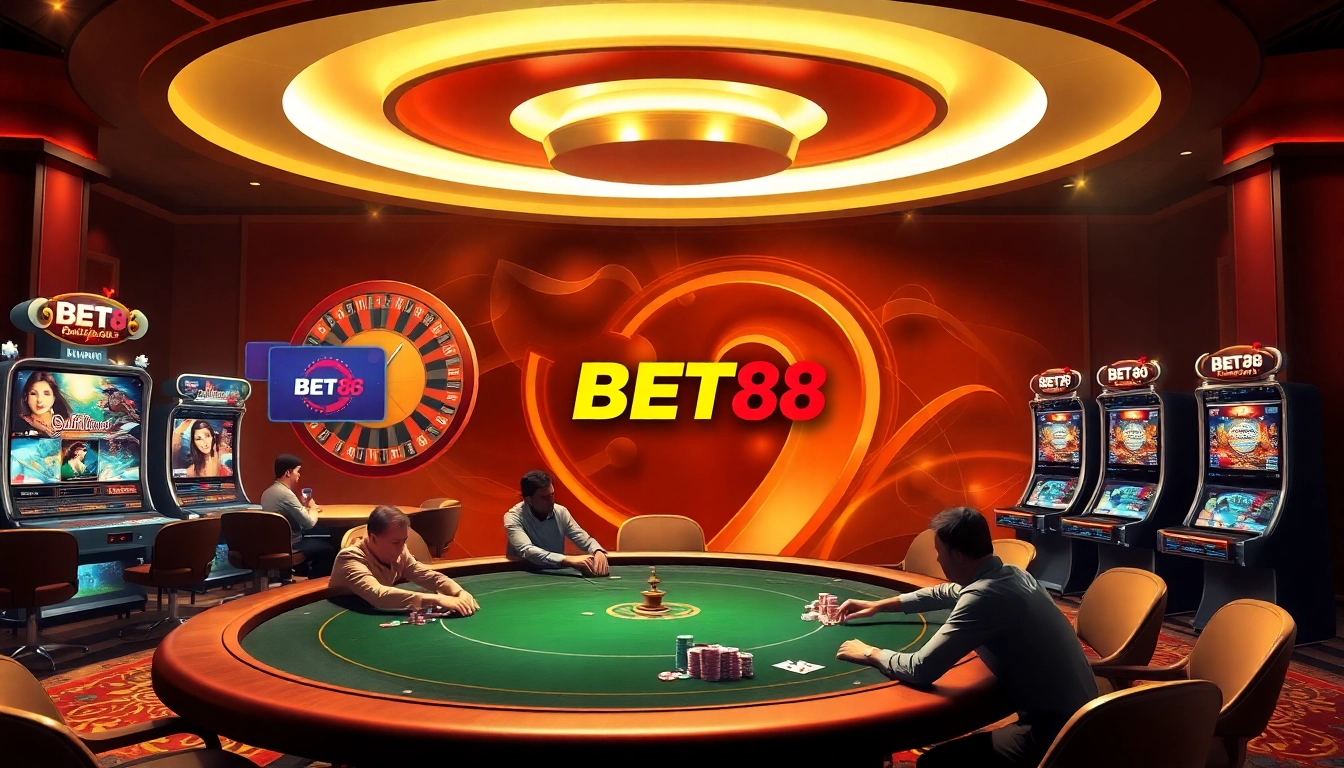 Players enjoy a thrilling poker game with BET88 branding at an elegant casino.