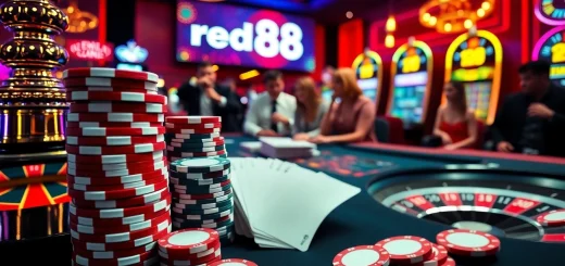 Experience the excitement of red88 as players engage around a poker table in a vibrant casino.