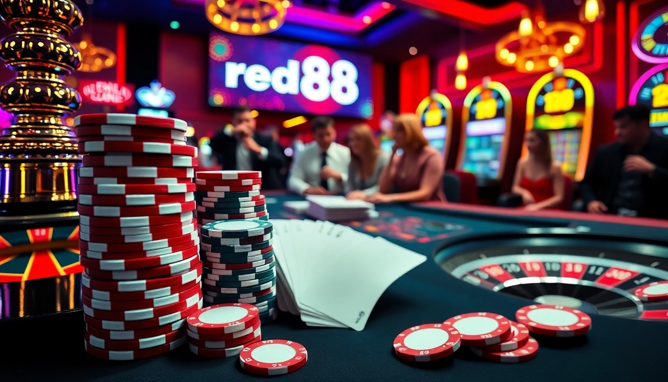 Experience the excitement of red88 as players engage around a poker table in a vibrant casino.