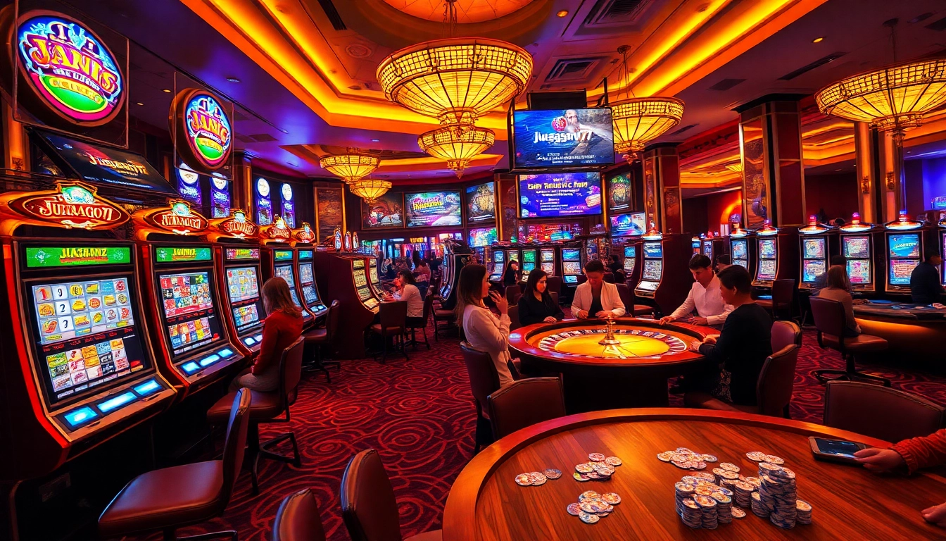 Juragan77 players enjoying thrilling slot machines and competitive table games in a luxurious casino setting.