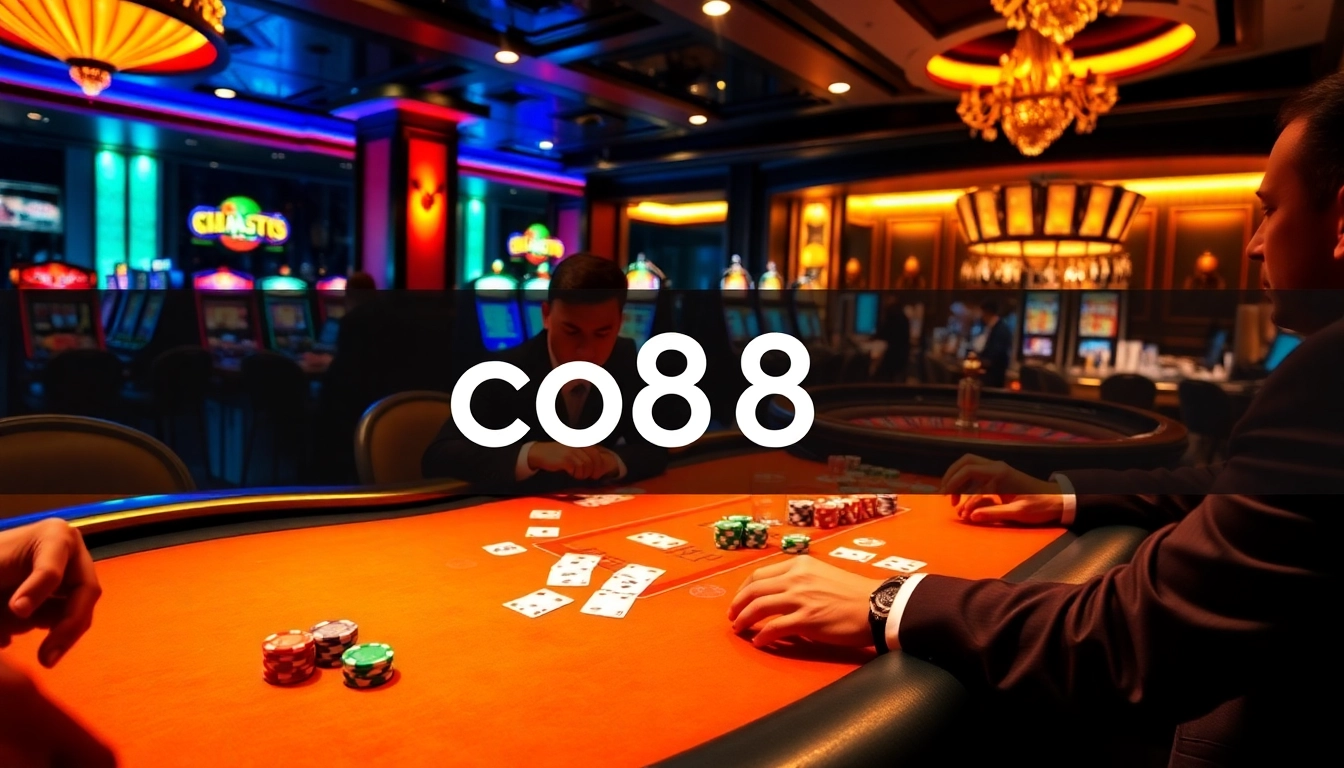 Engaged gamblers enjoying a high-stakes poker game at a luxurious casino featuring co88 branding.