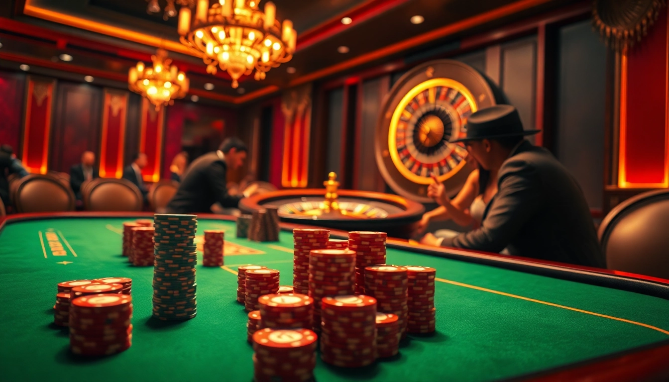 Players enjoying a thrilling moment at the 6RWIN casino table with poker chips and cards.