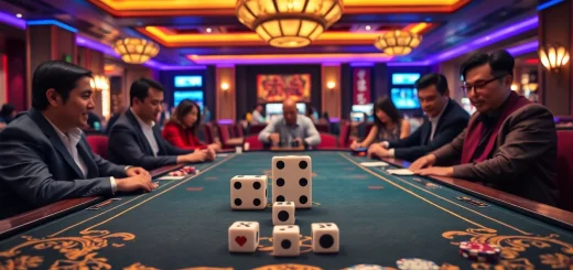 Engaging players at a Tài Xỉu casino table with vibrant action and luxurious ambiance.