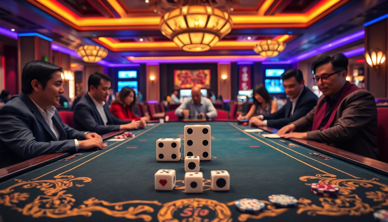 Engaging players at a Tài Xỉu casino table with vibrant action and luxurious ambiance.
