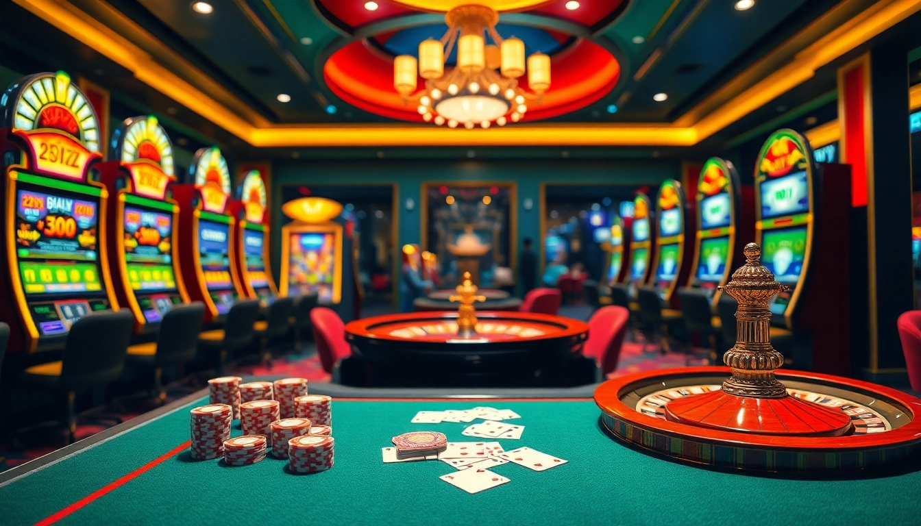 Experience the thrill of 79king with a dynamic casino scene showcasing poker, roulette, and vibrant slot machines.