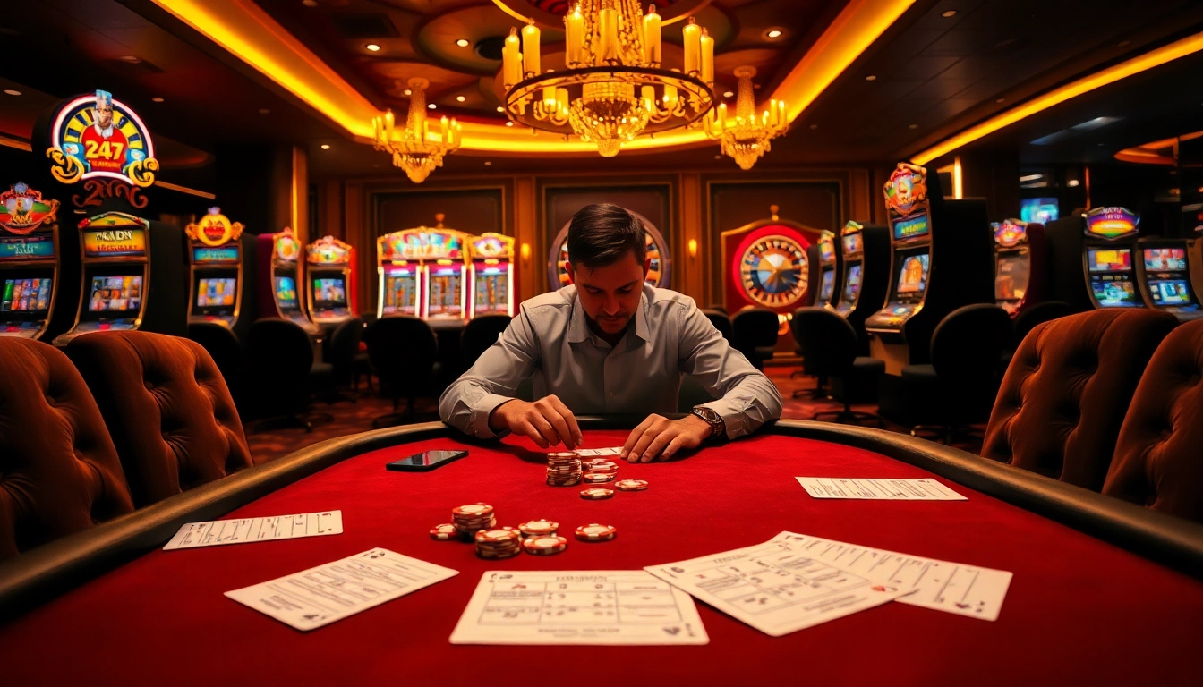 Soi cầu 247 strategies illustrated at a luxurious casino poker table.