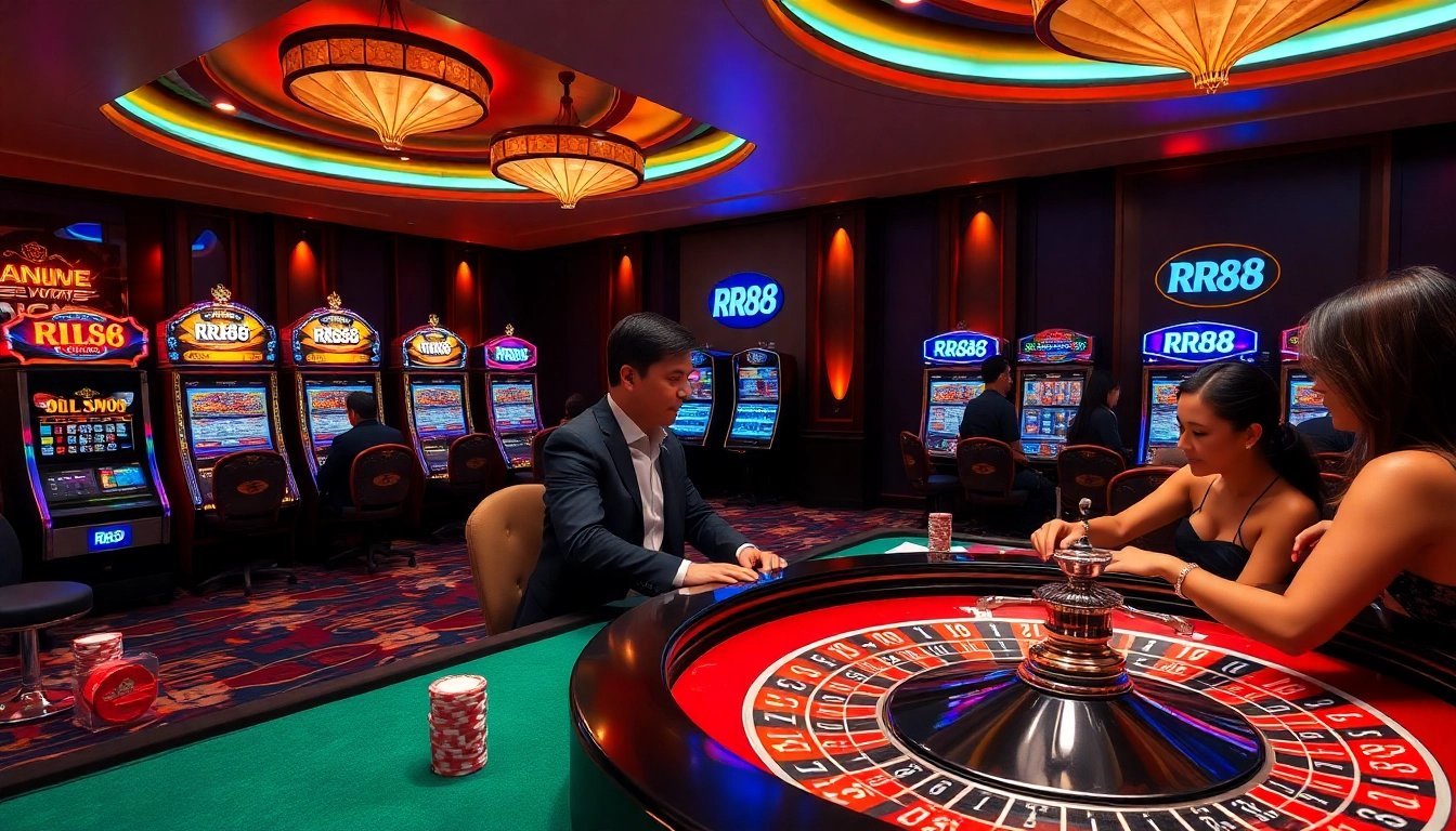 RR88 players engaging in an exciting casino experience with roulette and slot machines.