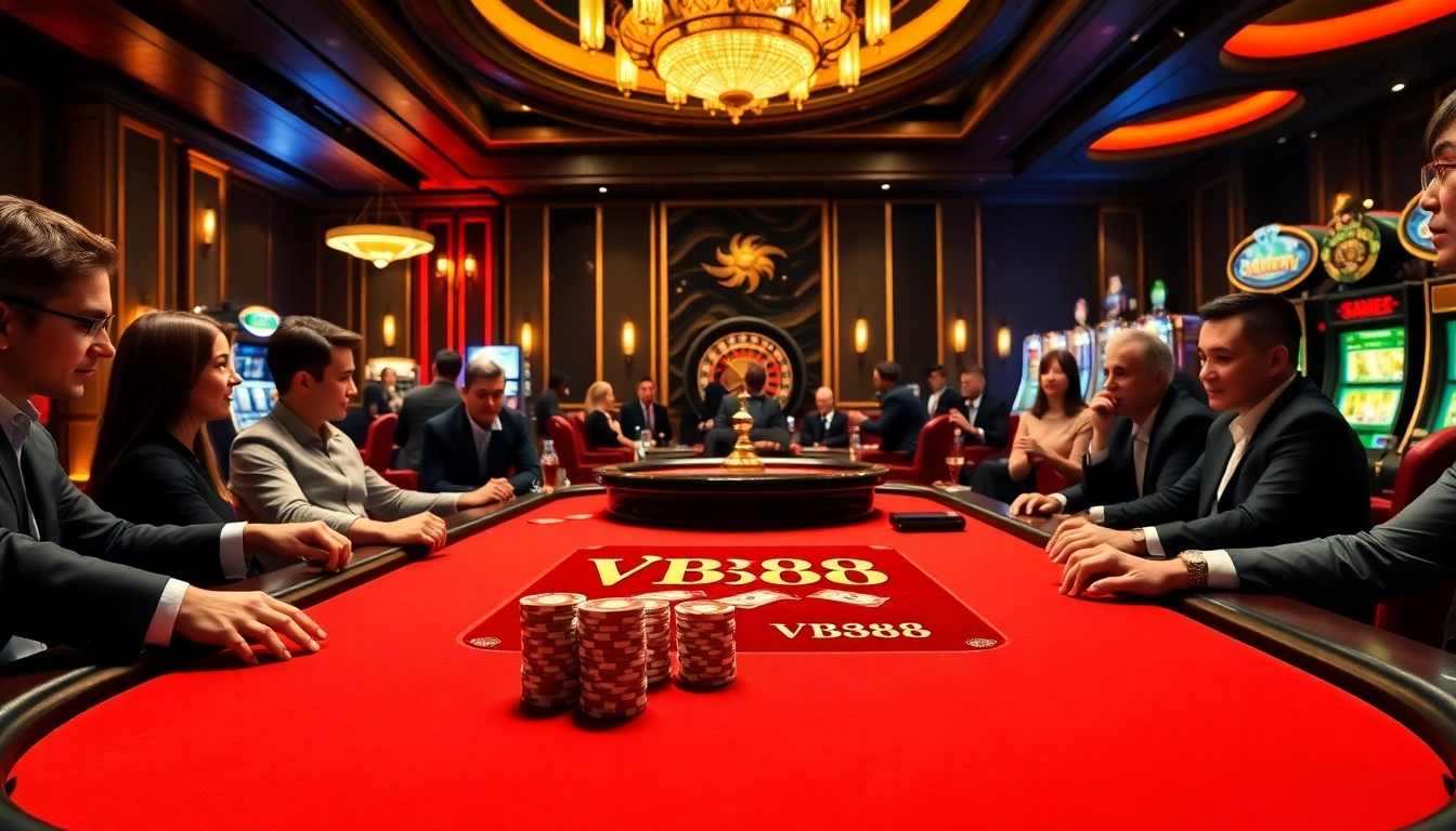 Experience thrilling poker action at the premium VB88 table in a luxurious casino setting.