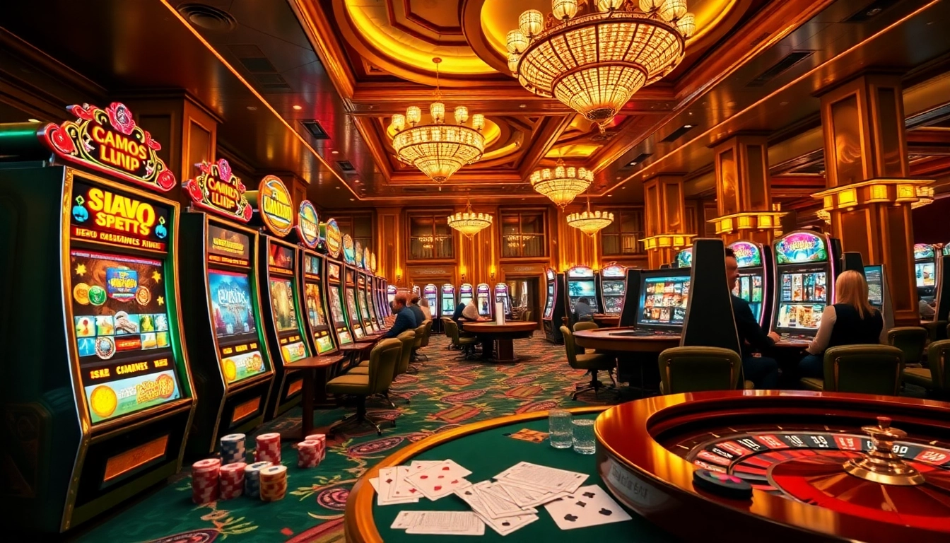 Engage with the demo slot gaming experience at a luxurious casino filled with vibrant slot machines.