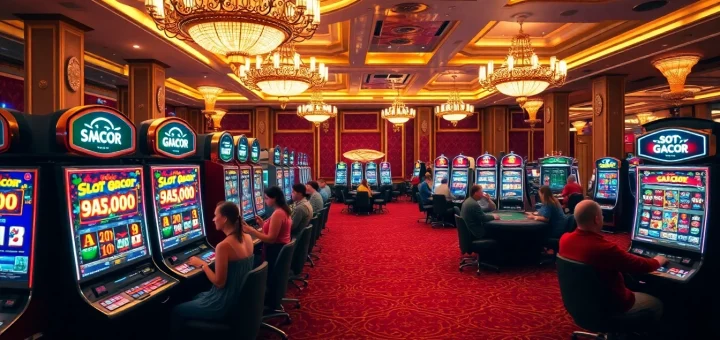 Players enjoying slot gacor games in a luxurious casino environment with vibrant slot machines.