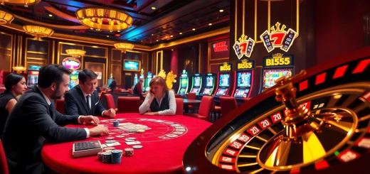 Experience thrilling gameplay at BL555 with players at a poker table and a vibrant roulette wheel.