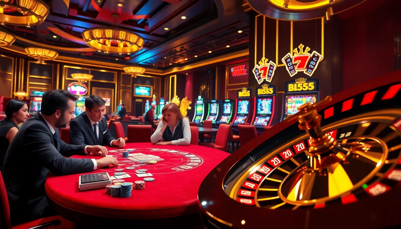 Experience thrilling gameplay at BL555 with players at a poker table and a vibrant roulette wheel.