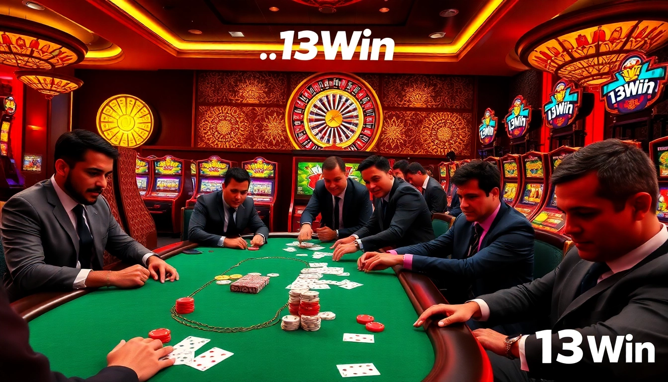 Players enjoying a thrilling night at 13Win casino with poker chips and a roulette wheel.