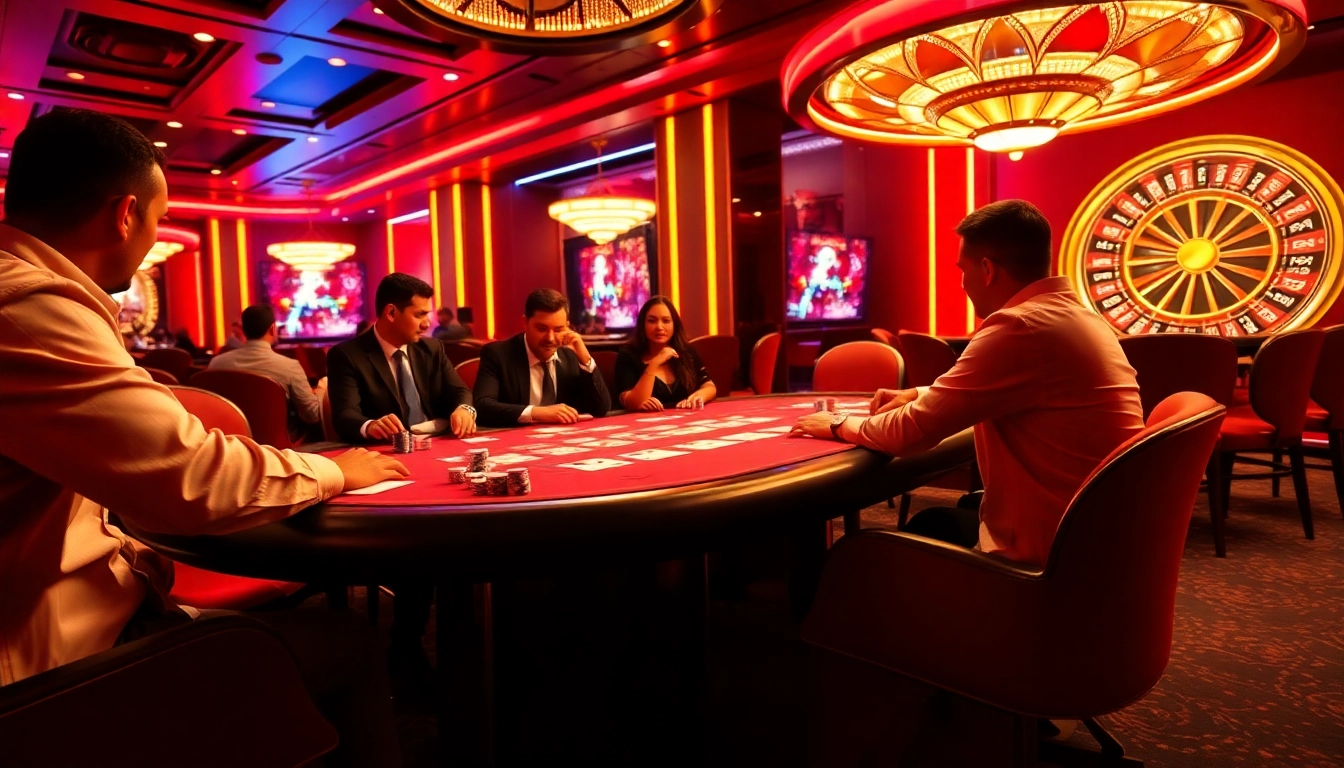 Players experiencing the thrill of poker and roulette at red88 casino under bright lights.
