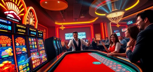 Exciting gaming atmosphere at HH666 online casino with live dealer and vibrant slot machines.
