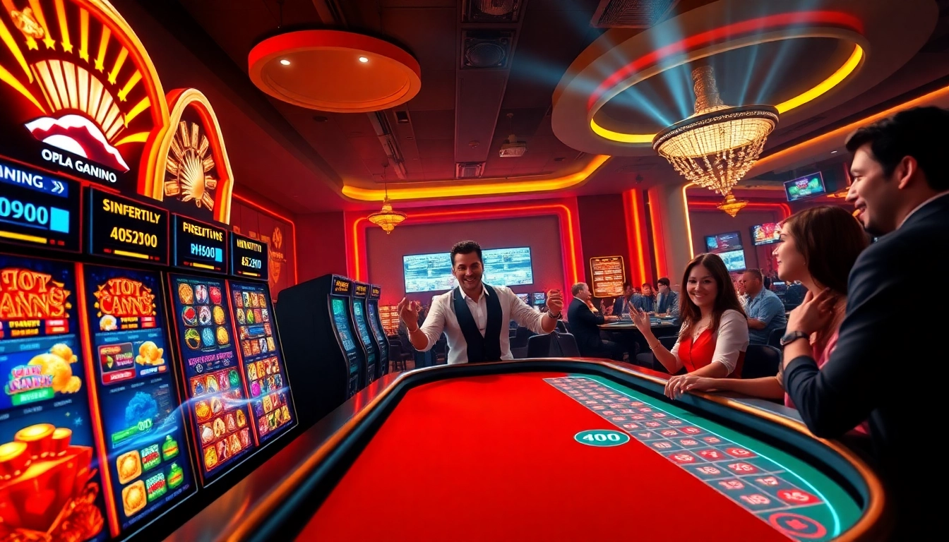 Exciting gaming atmosphere at HH666 online casino with live dealer and vibrant slot machines.