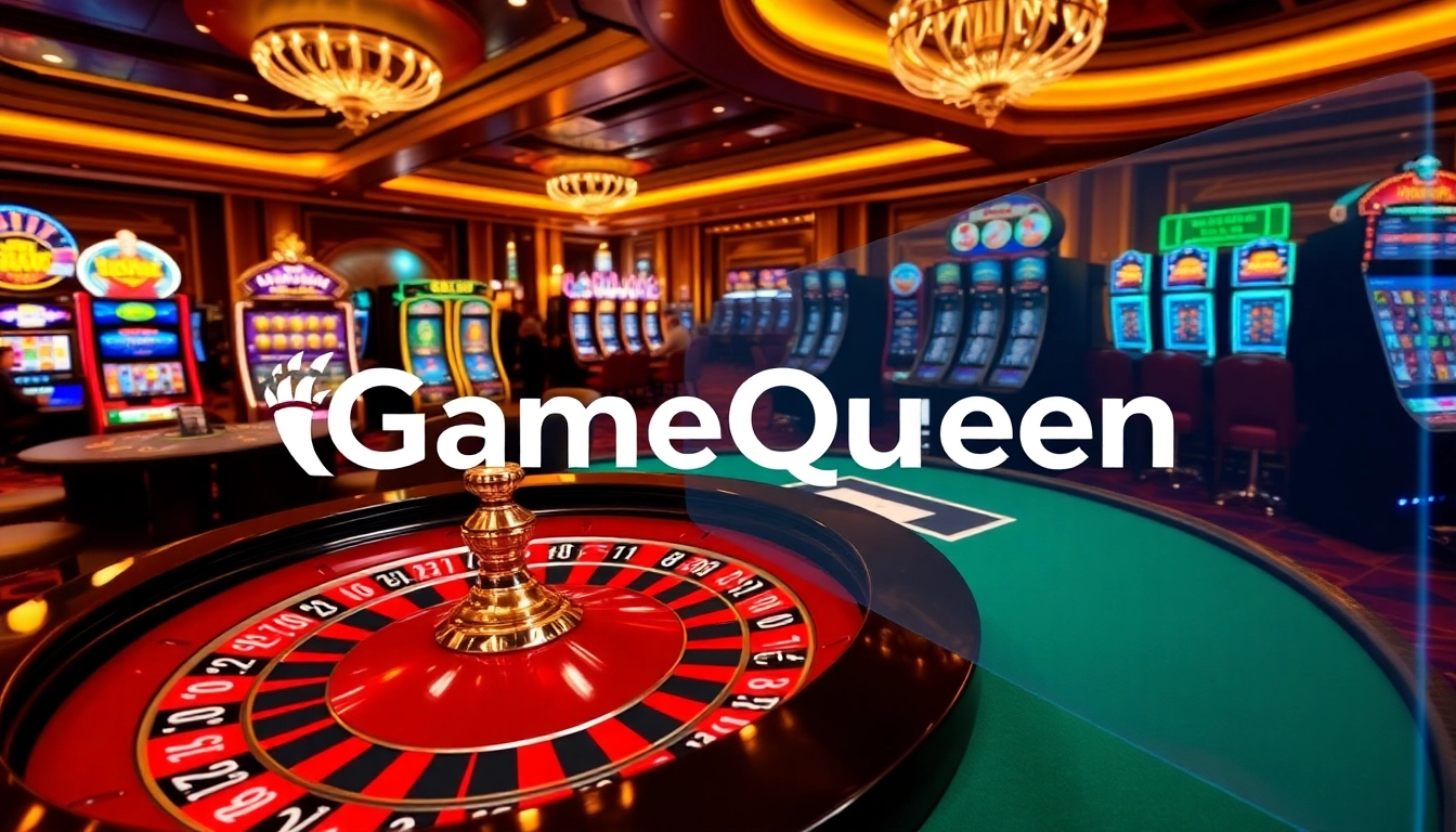 Experience thrilling gameplay with gamequeen at a luxurious casino featuring vibrant roulette and slot machines.