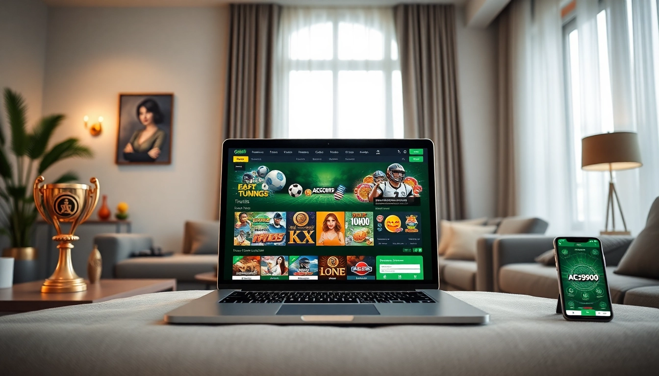 ABC999 online betting platform interface in a sleek living room, showcasing gaming excitement and trust.