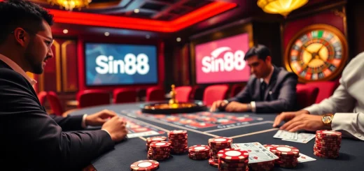 Engaging scene of Sin88 online casino players at a luxurious poker table with vibrant chips and stakes.
