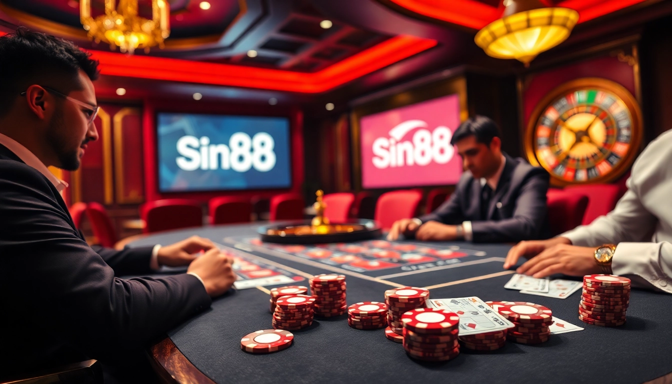Engaging scene of Sin88 online casino players at a luxurious poker table with vibrant chips and stakes.