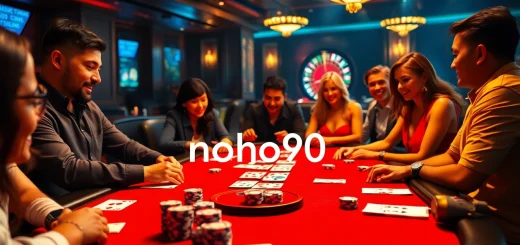 Players experiencing thrilling gameplay at nohu90's poker table in a vibrant casino.