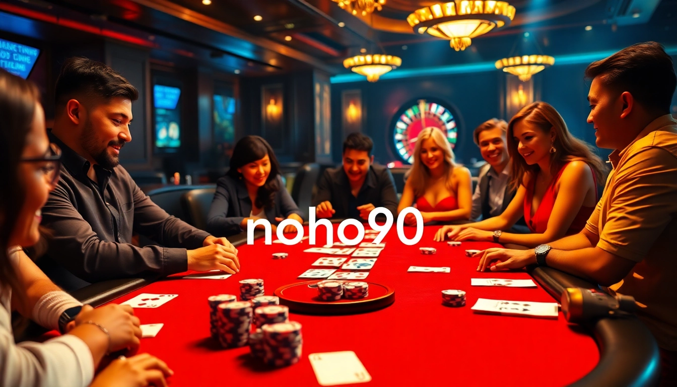 Players experiencing thrilling gameplay at nohu90's poker table in a vibrant casino.