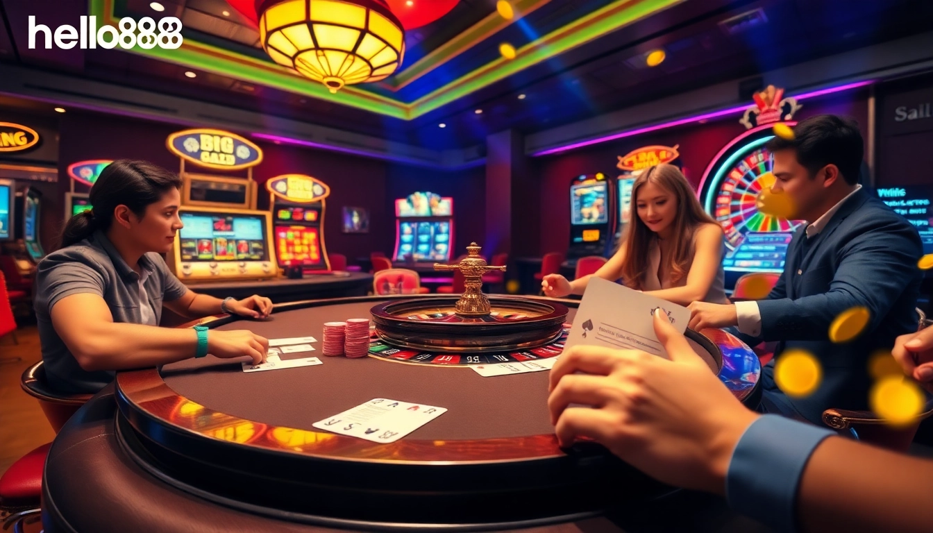 Hello88 thrills players at a high-stakes poker table, featuring vibrant gaming elements.