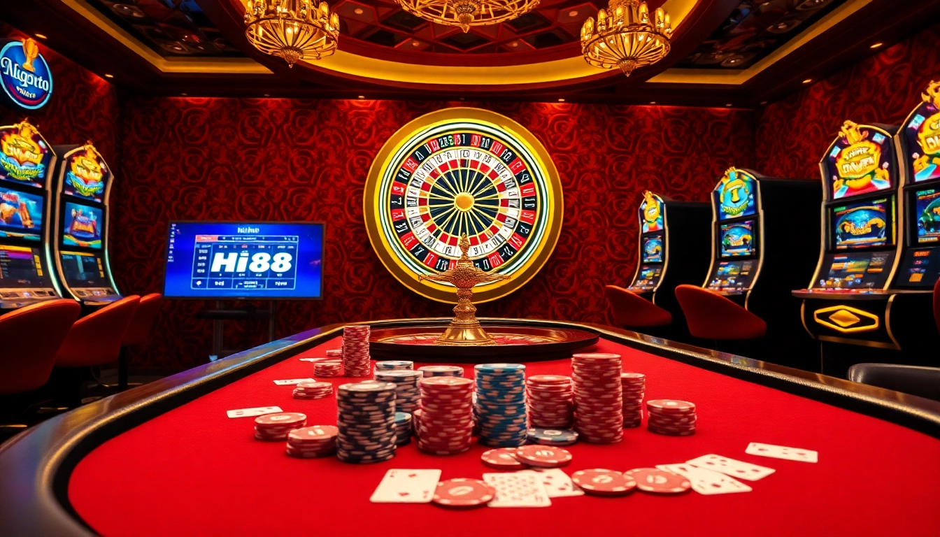 Exciting casino action with Hi88's poker table, roulette wheel, and vibrant slot machines.