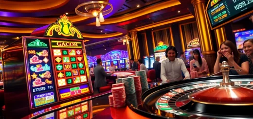 Experience the thrill at a vibrant slot gacor machine in a luxurious casino setting.