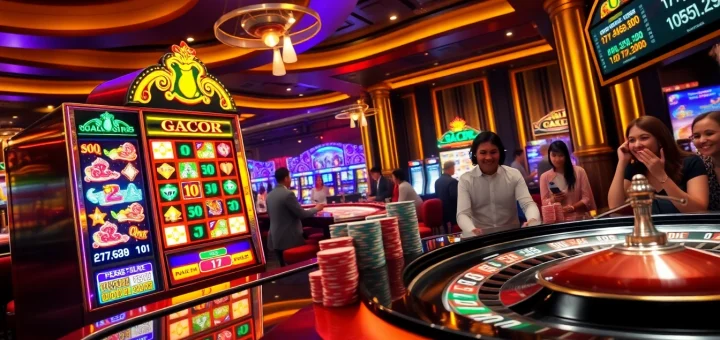 Experience the thrill at a vibrant slot gacor machine in a luxurious casino setting.