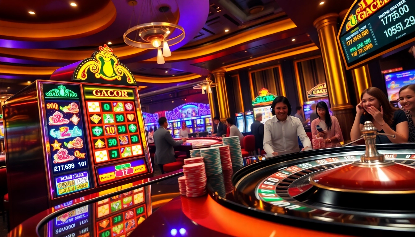 Experience the thrill at a vibrant slot gacor machine in a luxurious casino setting.