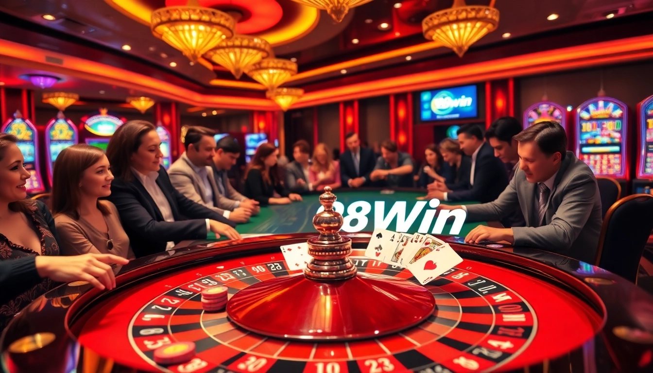 Players enjoy thrilling roulette at 98Win, surrounded by vibrant casino action and excitement.