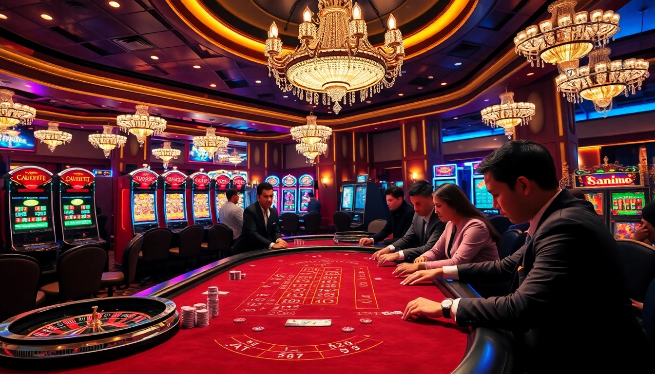 Experience the thrill of winning at ee88 com with an exciting casino atmosphere featuring elegant gambling tables and vibrant players.