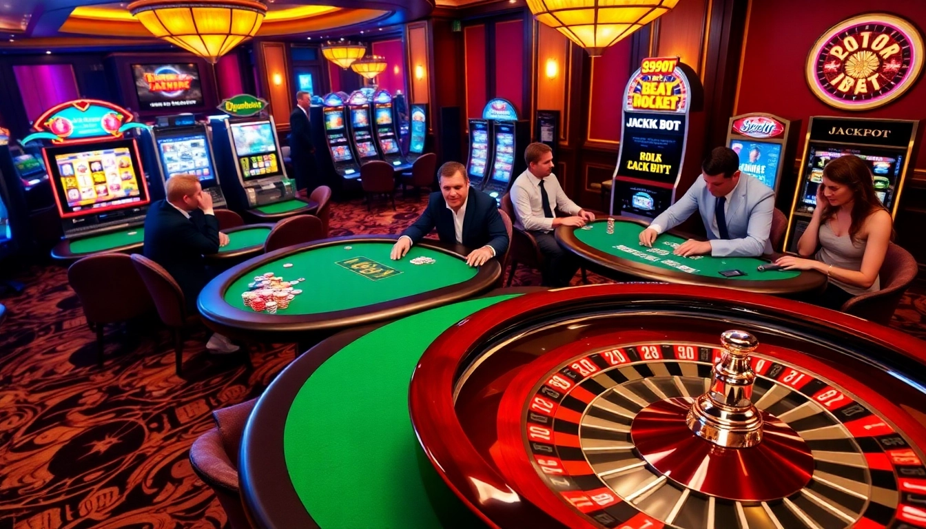 Players enjoying a thrilling game at 999BET casino with engaging poker tables and vibrant slot machines.