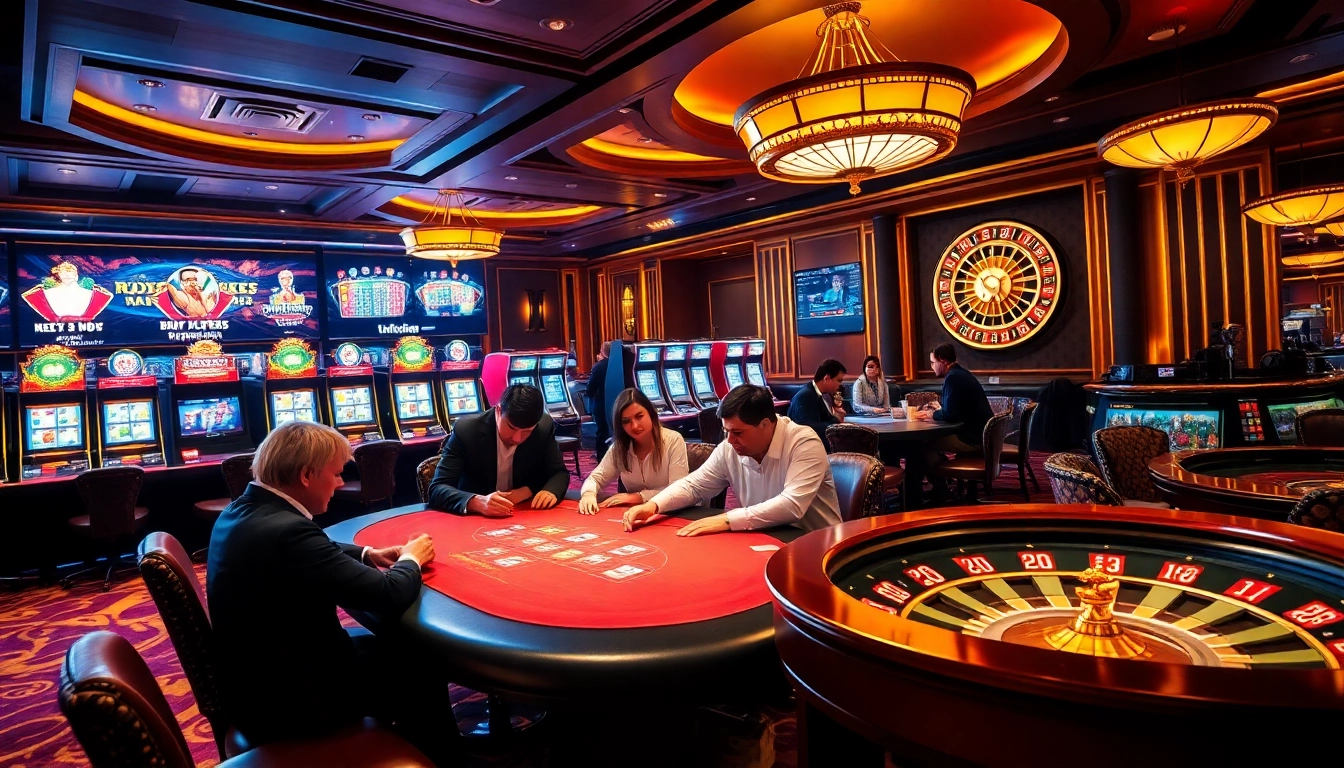 Players at Raja Luck enjoy an exciting poker game in a luxurious casino environment.