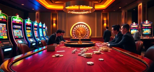 Exciting j88 casino scene showcasing poker, slots, and roulette for ultimate gaming experience.
