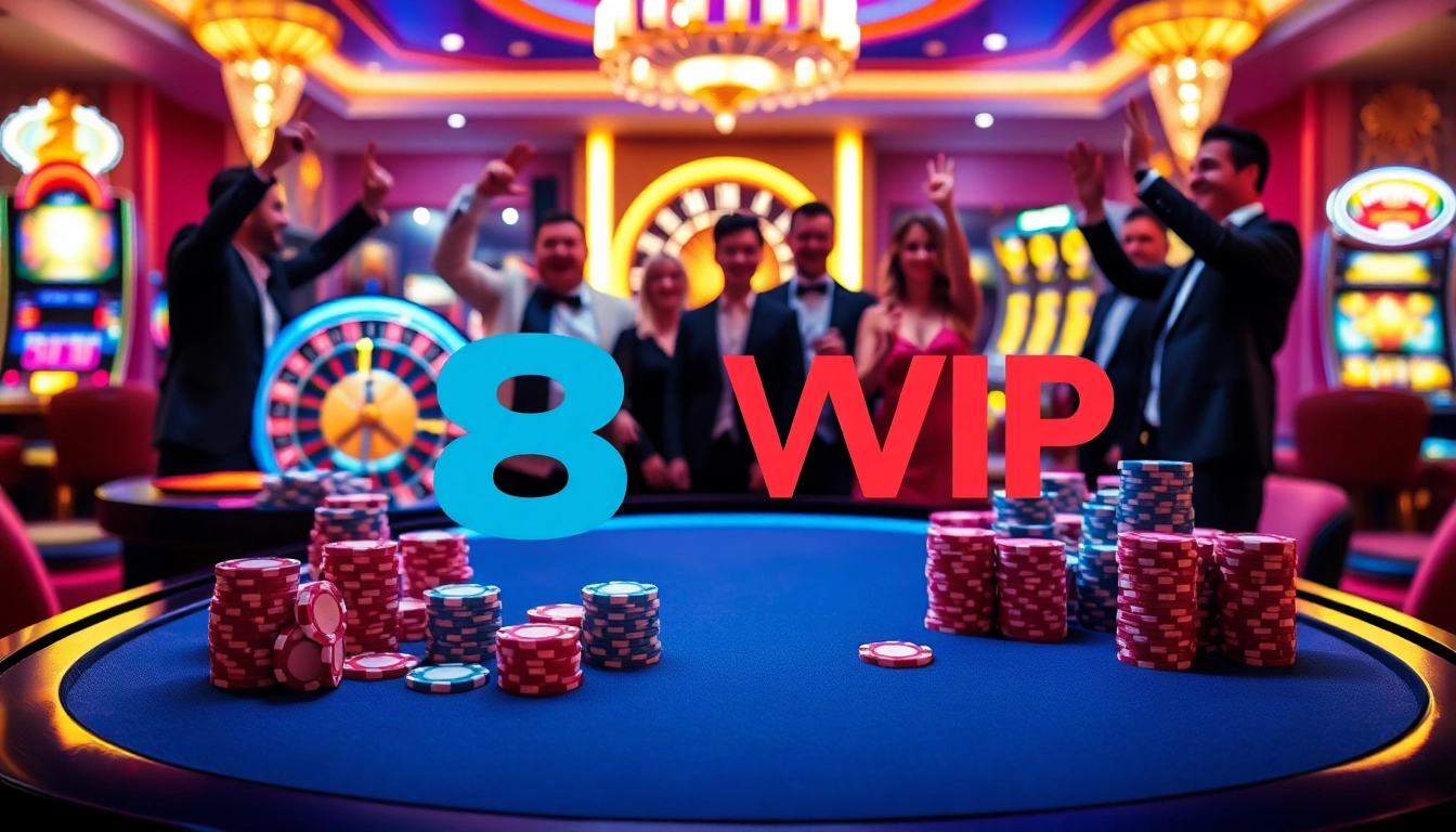 Players celebrating a big win at the 68VIP casino table surrounded by vibrant lights and gaming excitement.