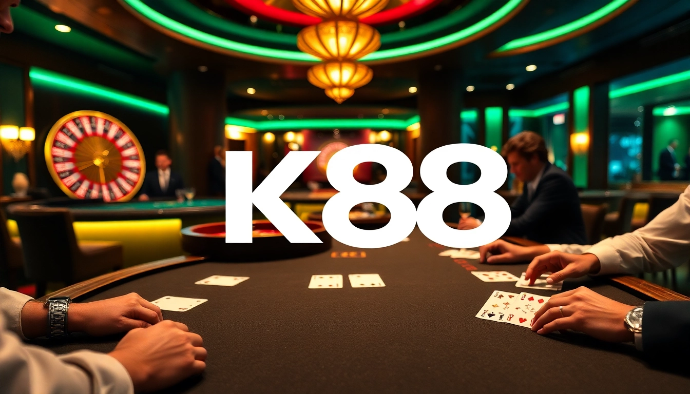 K88 provides a thrilling poker scene showcasing vibrant chips and high-stakes cards.