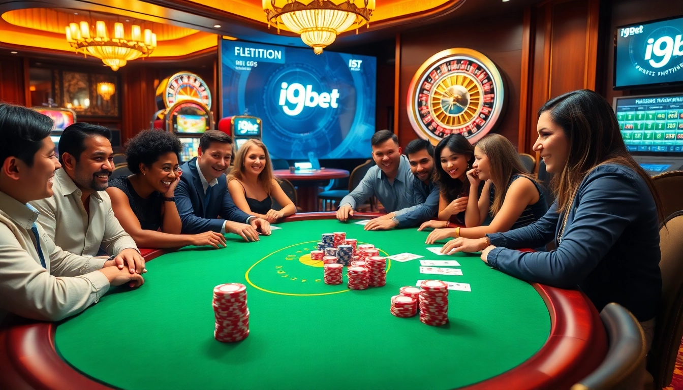 Exciting poker action at i9bet casino with colorful chips and a spinning roulette wheel.
