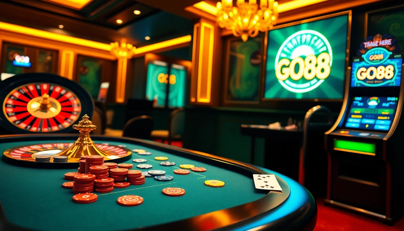 Experience the thrill of gaming at Trang Chủ GO88 with players engaging at vibrant casino tables.
