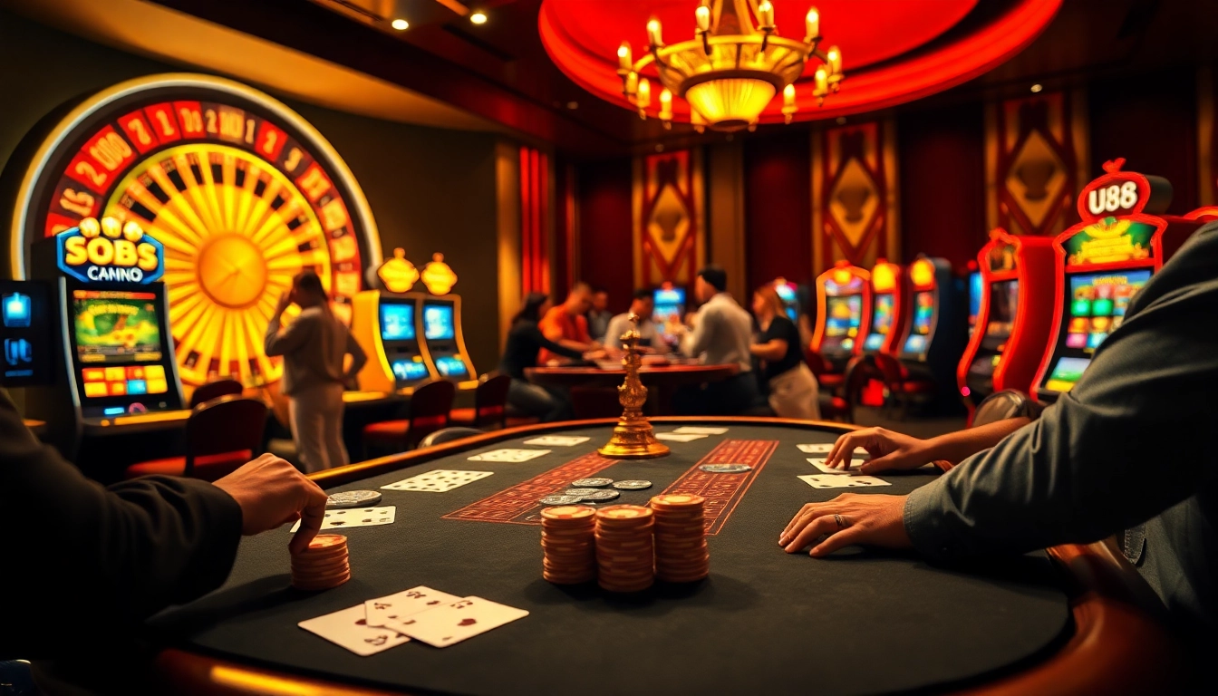 Experience the excitement of U88 with a vibrant casino scene featuring poker chips and roulette wheels.