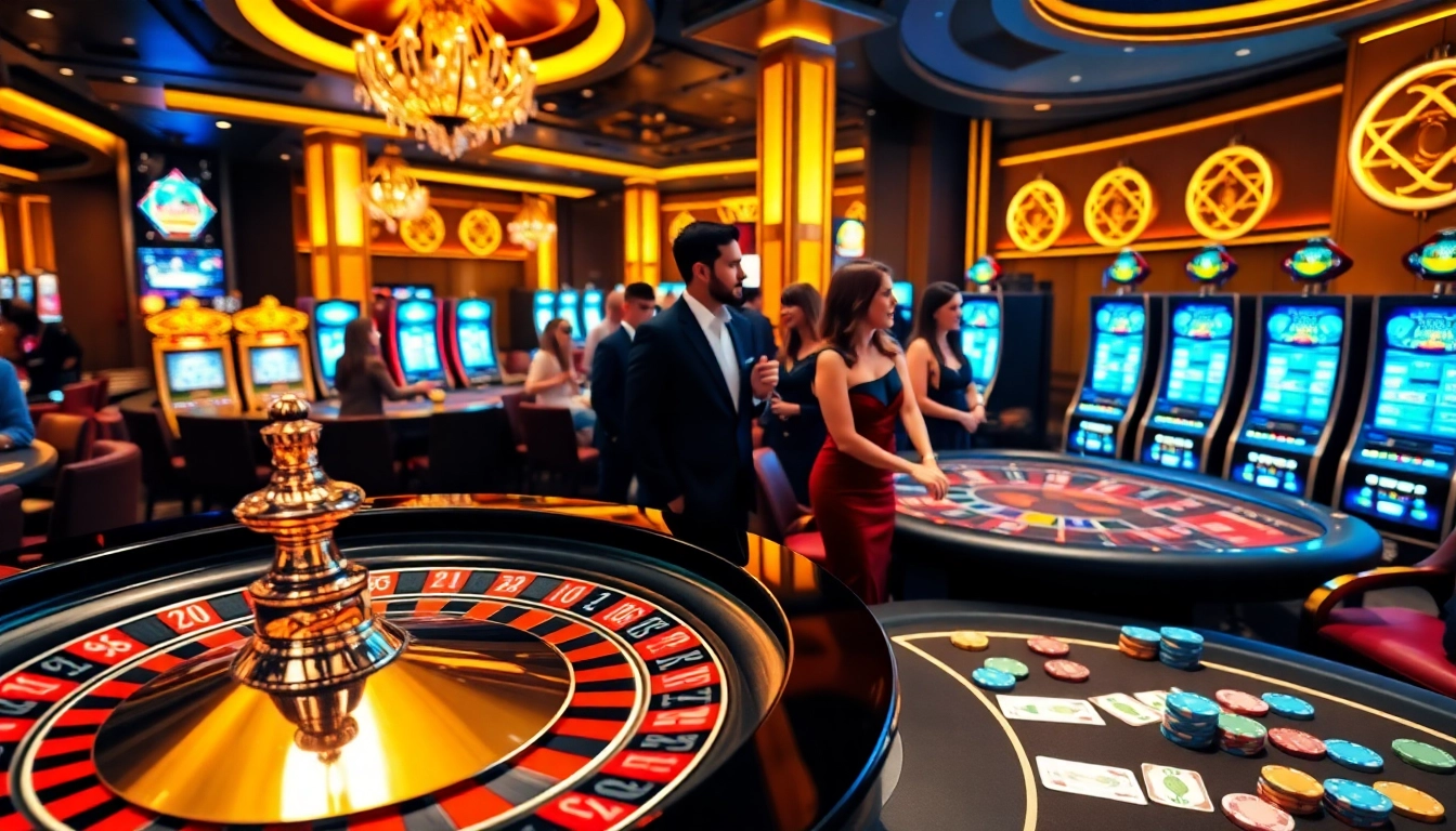 Players engaging in lively games at LV88 casino with vibrant roulette and poker tables.