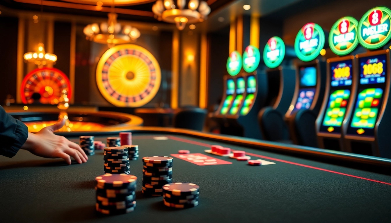 Experience the excitement of GO8 at a luxurious casino with vibrant poker tables and spinning roulette wheels.
