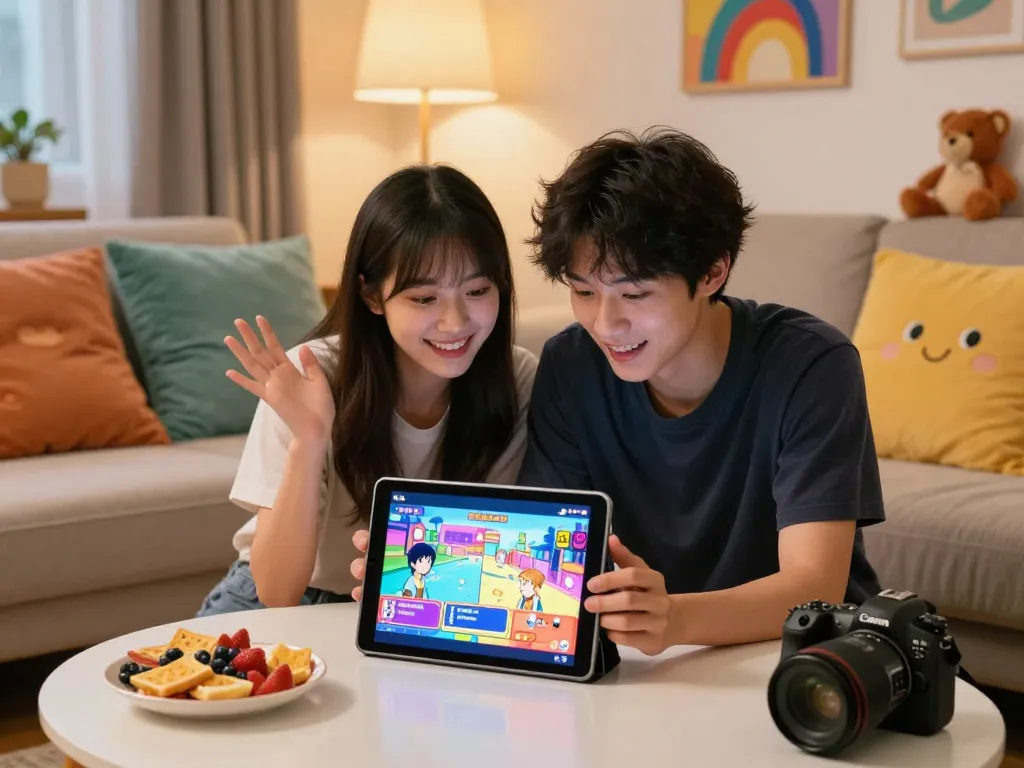Couple playing engaging sex games on tablet in cozy living room.