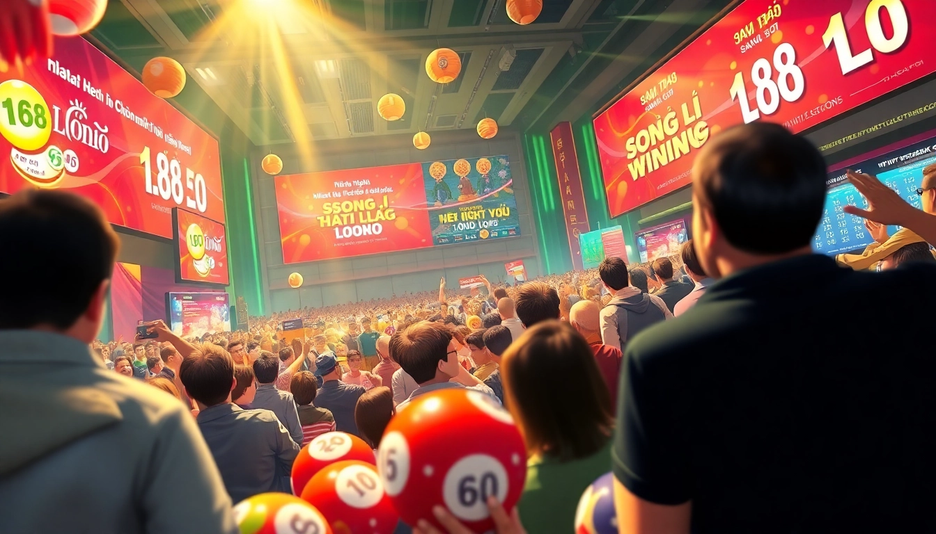 Exciting scene of a lottery draw focusing on Song thủ lô, vibrant crowd, and lottery elements.