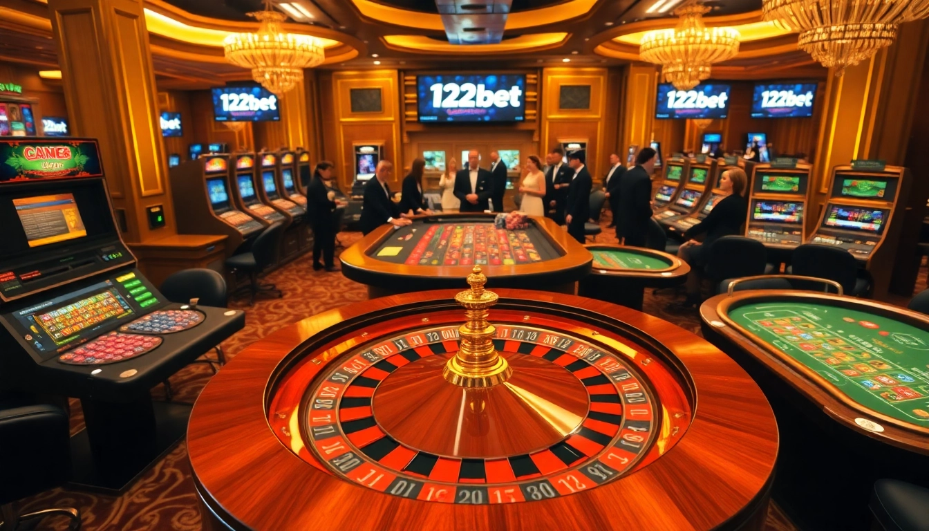 Exciting 123bet casino scene with luxurious roulette table and engaged players.