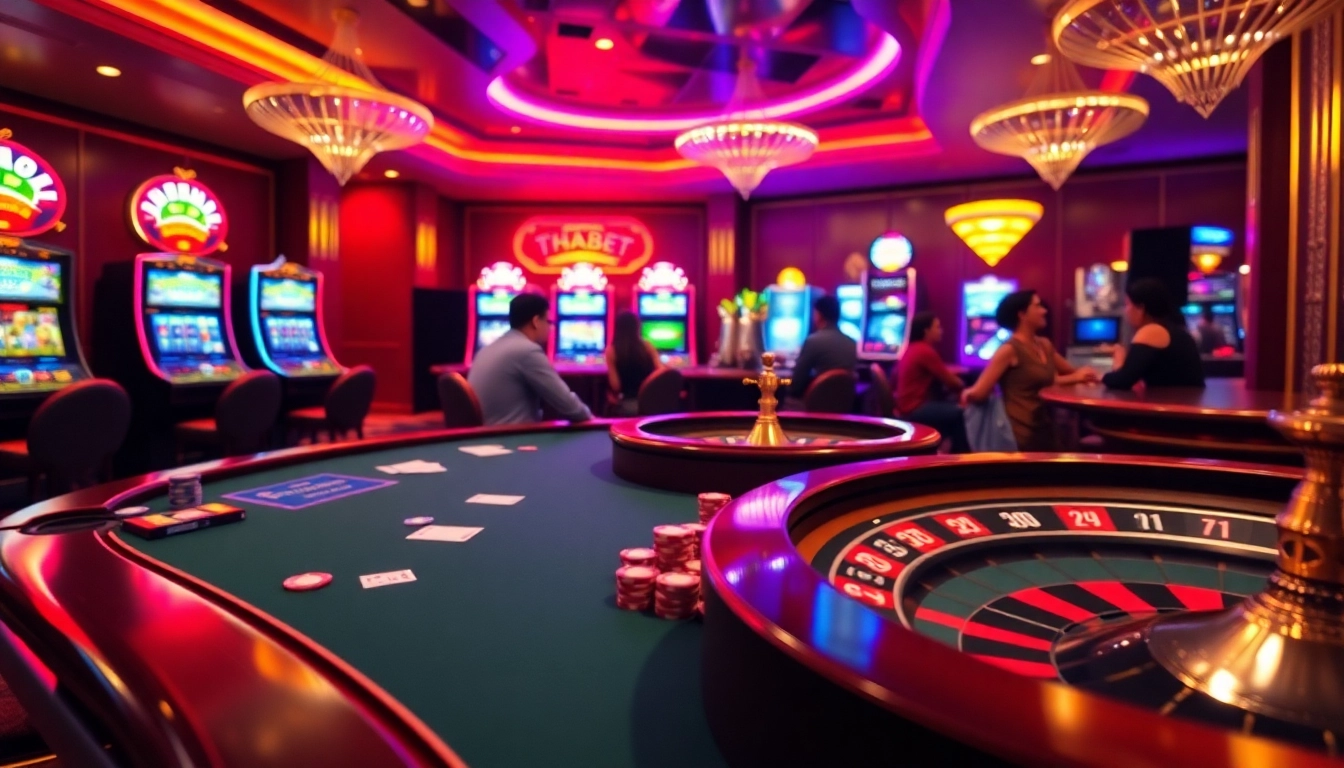Players enjoying poker and slot games at Thabet casino, showcasing excitement and luxury.