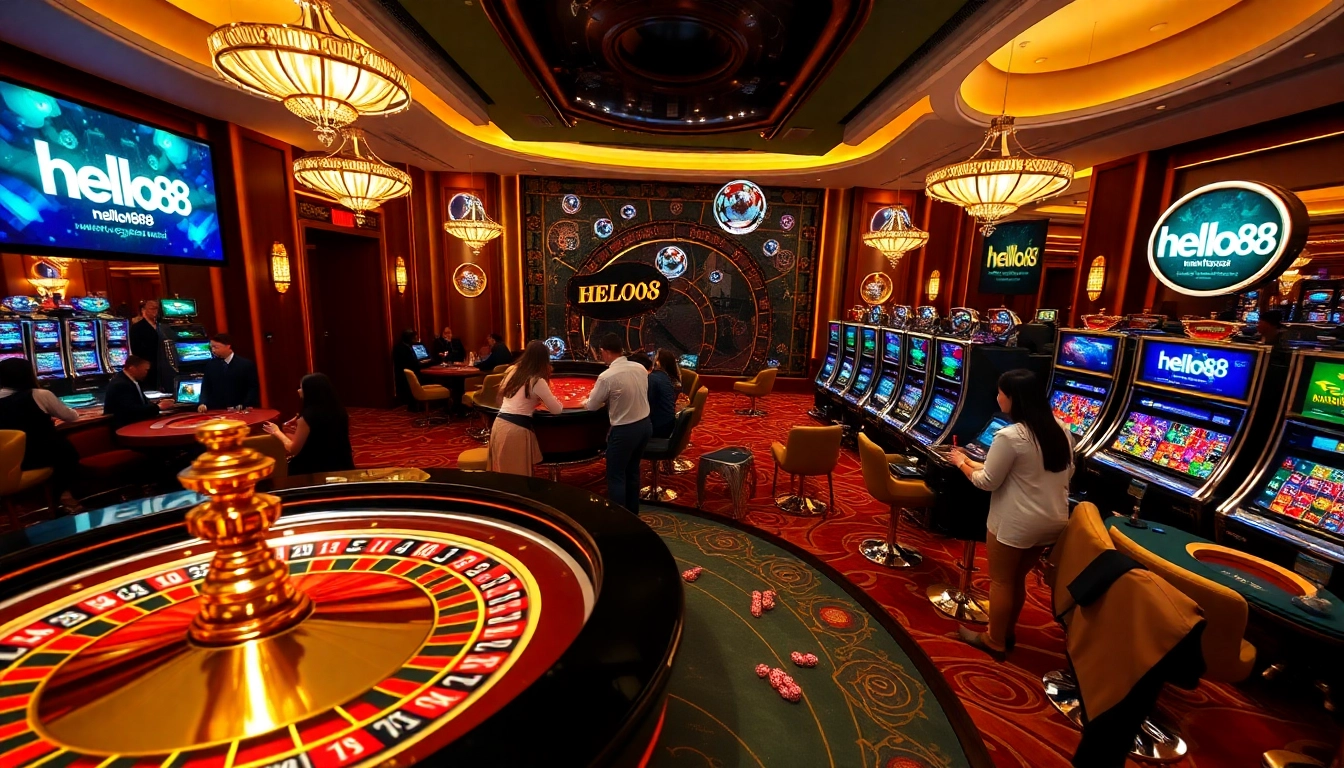 Experience the thrill of hello88 with players enjoying roulette and slot machines in a high-stakes casino environment.