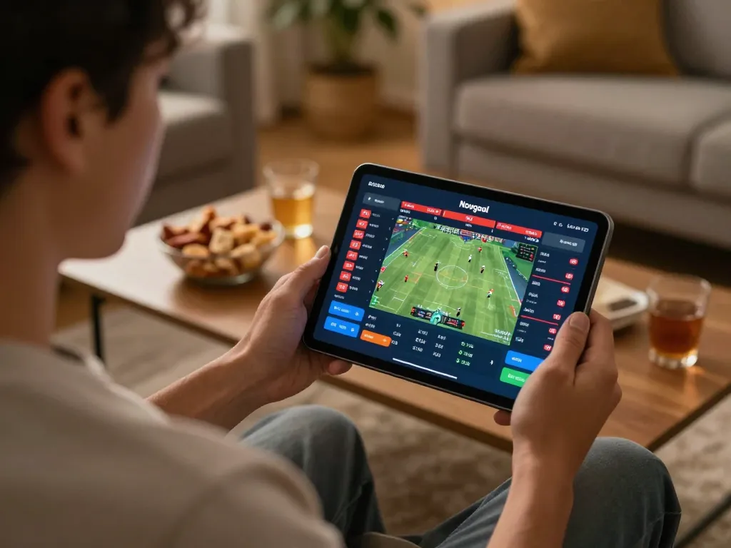 Engaged user analyzing live sports betting odds on Nowgoal in a cozy home setting.