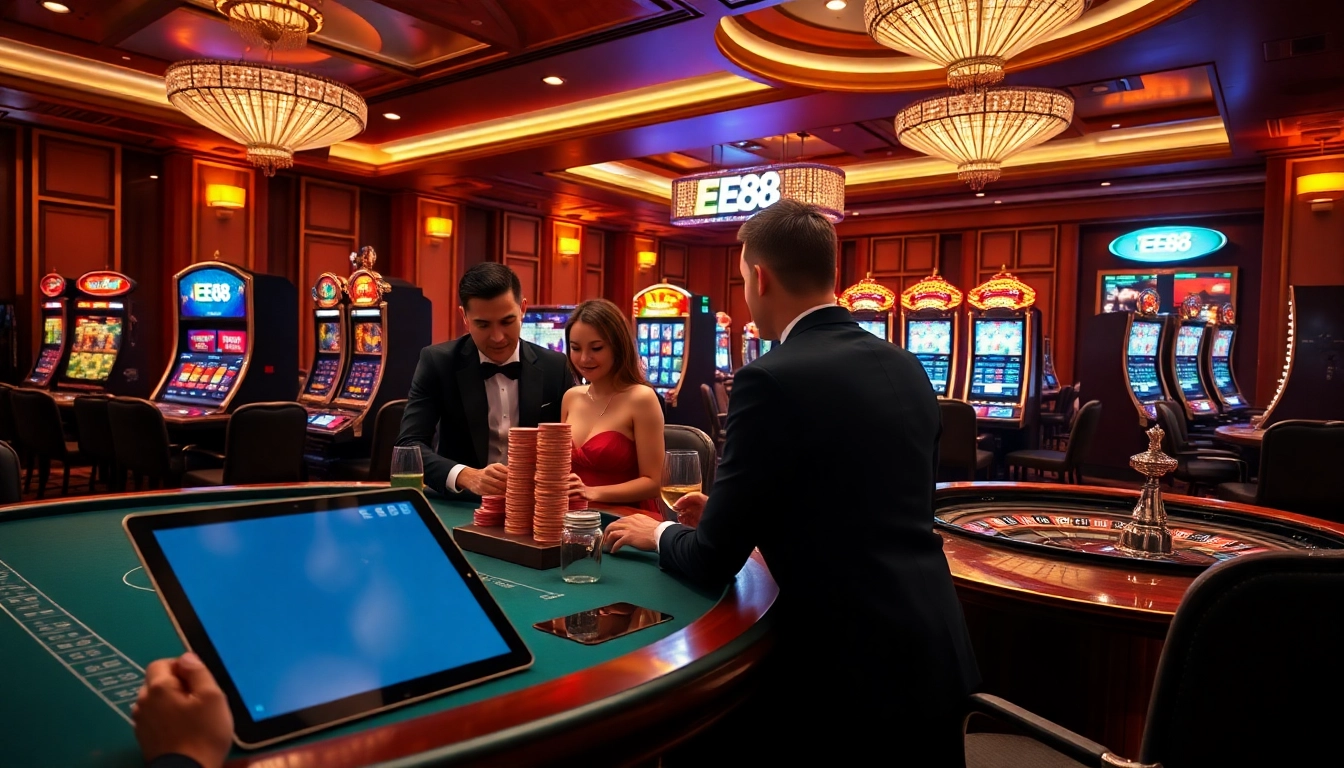 Players enjoy a thrilling game at the EE88 casino table, showcasing excitement and luxury.